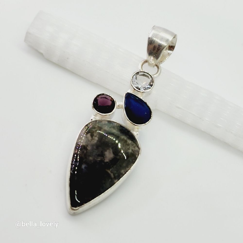 Host Pick! Moss Agate White Topaz Ethnic Handmade Pendant Jewelry 2.88"